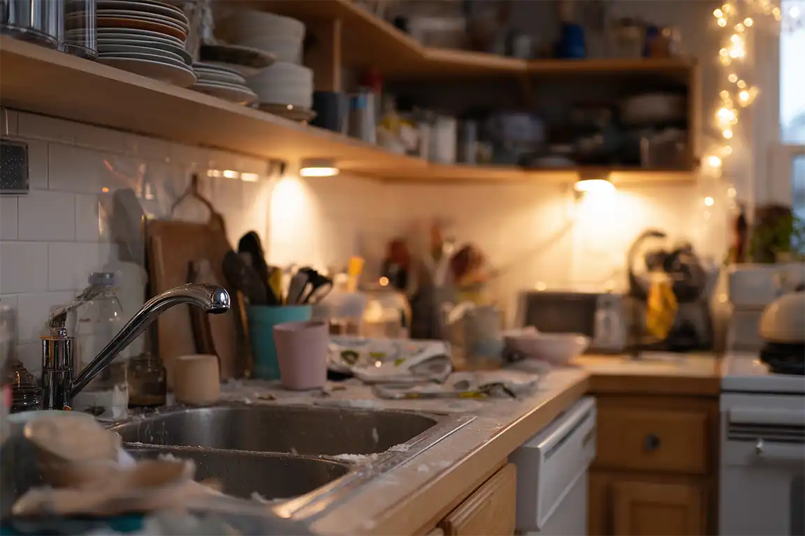 Messy kitchen with dishes piled up and flour spilled on the counter.